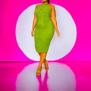 Green Crisscross Ruched Mesh Dress